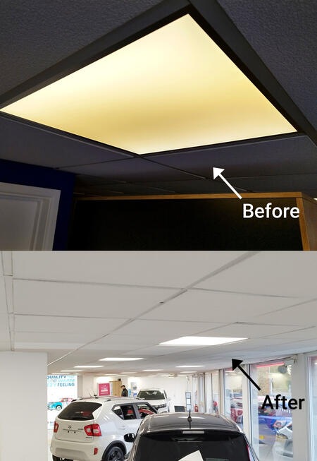 Lighting refresh undertaken in a car show room and garage We updated over 40 lights for a car show room and garage as the old panels had started to fade and discolour. Giving the building a fresh new look